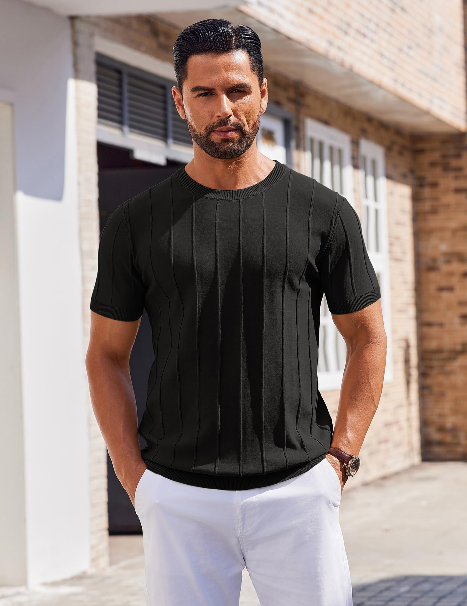 COOFANDY Mens Dress T Shirts Summer Short Sleeve Sweater Shirt Knitted Crewneck Tee Shirt Black