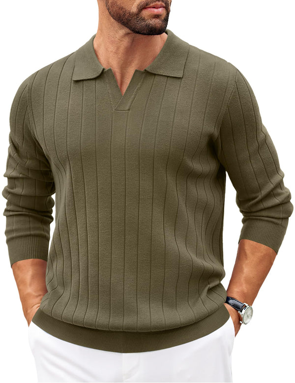 COOFANDY Men's Knit Polo Long Sleeve Sweaters Collared Polo Sweater Casual Dress Pullover Fashion Golf Sweater Tops Army Green
