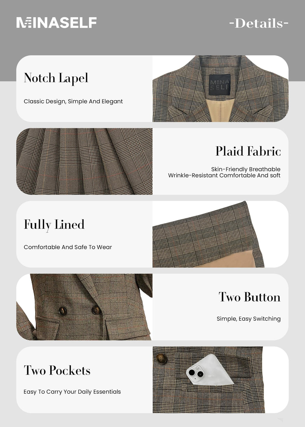 Mina Self Plaid Blazer Jackets for Women 2025 Brown Chocolate Fall Clothes Jacket Blouses Business Caual Outfits Tweed Airport Work Office Womens Clothing Blazers Trendy Fashion Women's Suit Outfit